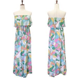 Japna Strapless Flounce Top Summer Maxi Dress Retro Aqua & Pink Print Size Small